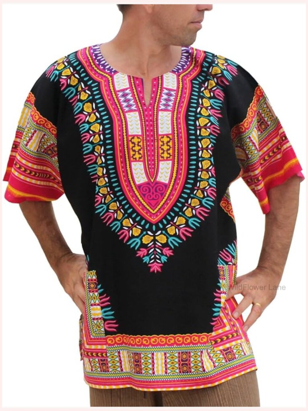 Plus Size Dashiki Print Cotton Maxi Shirt Popover Buttonless Blouse